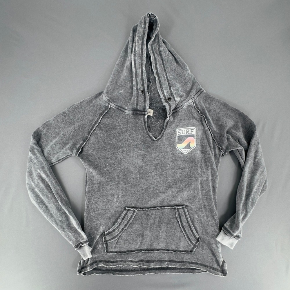 Surf Style Womens Gray Acid Wash Pullover Hoodie Rainbow Wave Graphic Small